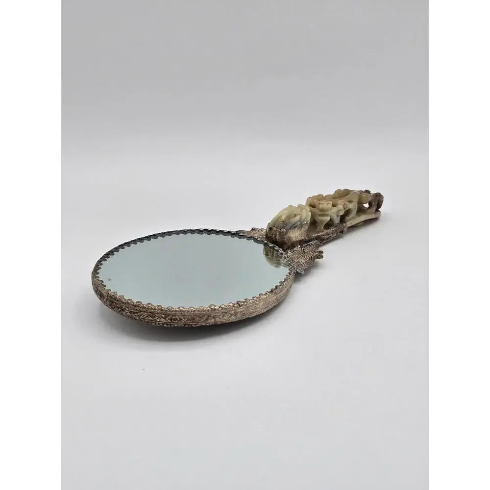 Antique Chinese Silver-plated Hand Mirror with Carved Jade Belt Hook Handle